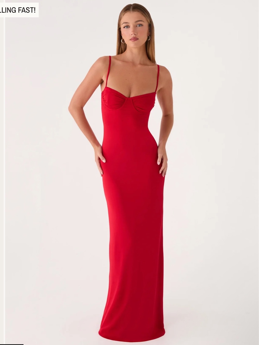 PEPPERMAYO Vamonos Red Slim-Fit Maxi Dress with Spaghetti Straps